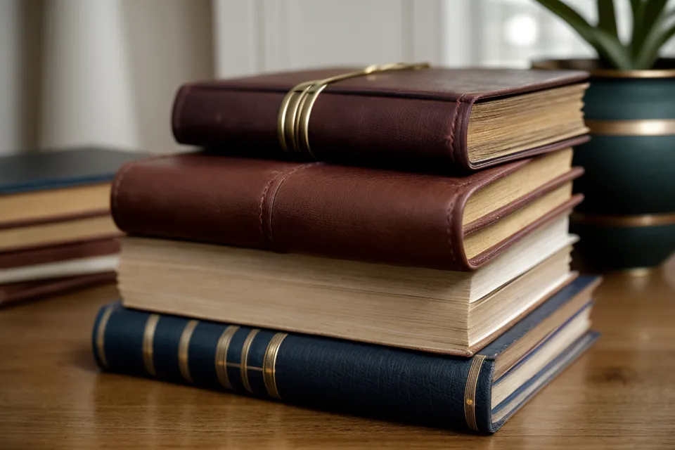 Ein handgeschriebenes Notizheft aus Leder neben einem Bücherstapel, Beobachtungen zur Meditationspraxis von Channeling-Einsteigern