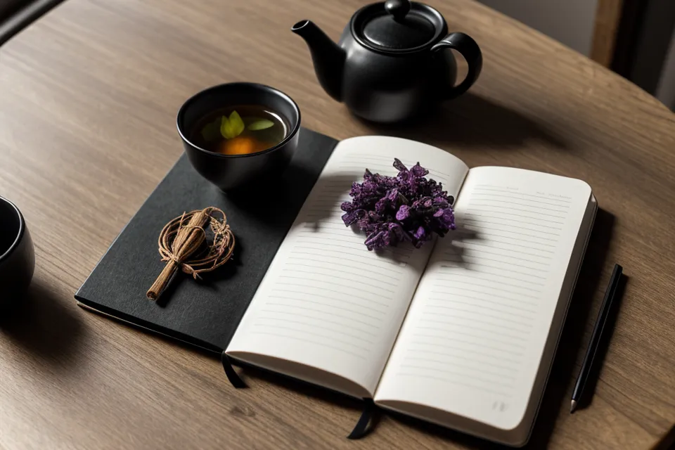 Nahaufnahme eines Notizbuchs mit handschriftlichen Notizen neben einem Amethyst-Kristall.