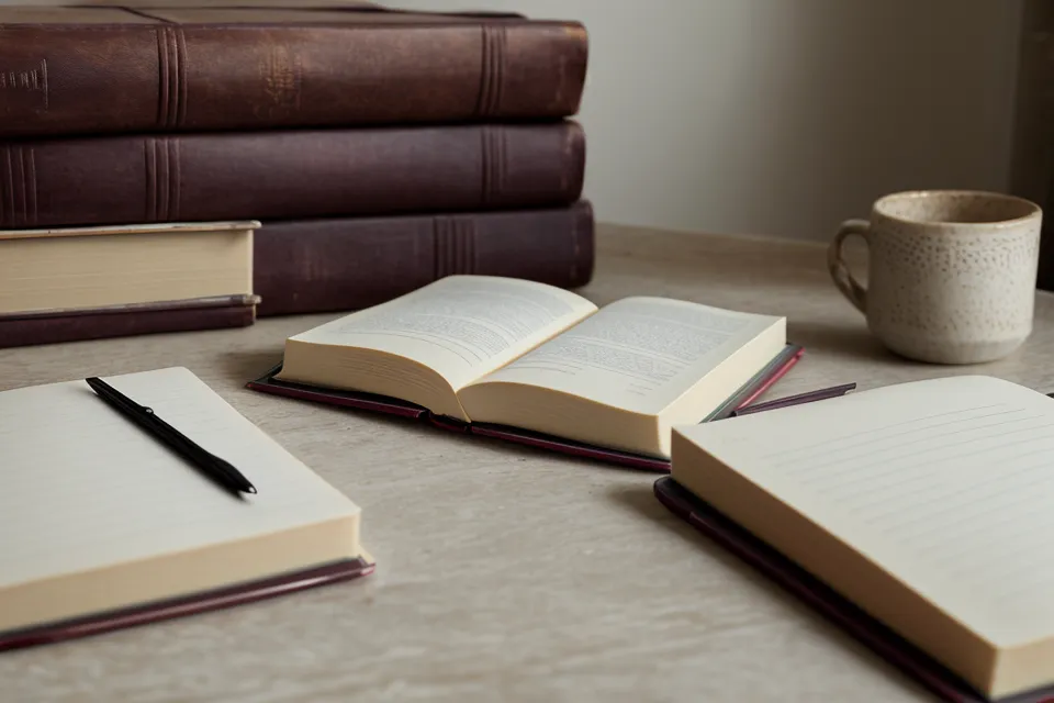 Nahaufnahme eines Notizbuchs mit handschriftlichen Aufzeichnungen neben einem Stapel spiritueller Bücher.