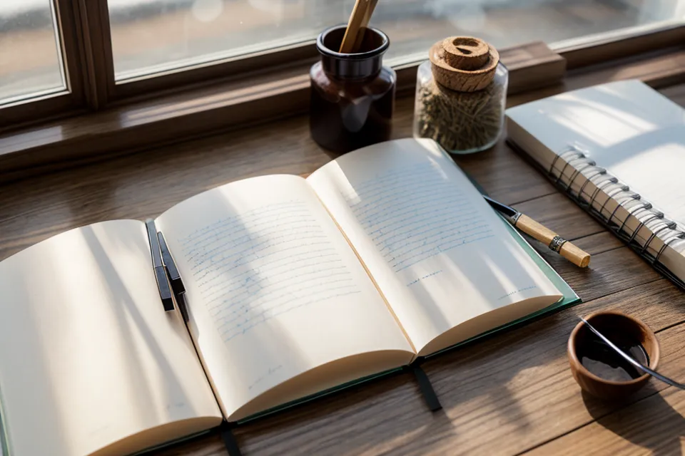 Detailaufnahme eines handschriftlichen Notizbuchs neben Salbei in einer Buchhandlung