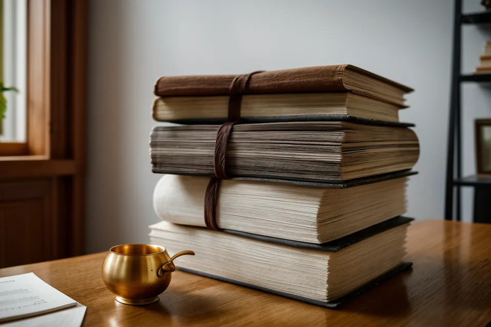Detailaufnahme eines Bücherregals mit Meditationsjournalen und einem Amethyst Kristall.