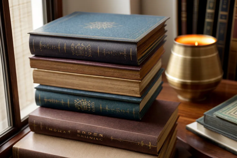 Nahaufnahme eines handschriftlichen Notizhefts neben einem Stapel neuer Bücher in der Buchhandlung.