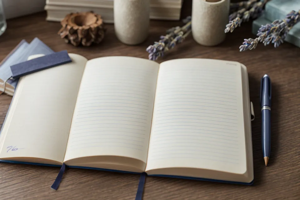 Detailaufnahme eines Notizbuchs mit handschriftlichen Aufzeichnungen neben einem Bergkristall in einer Buchhandlung.