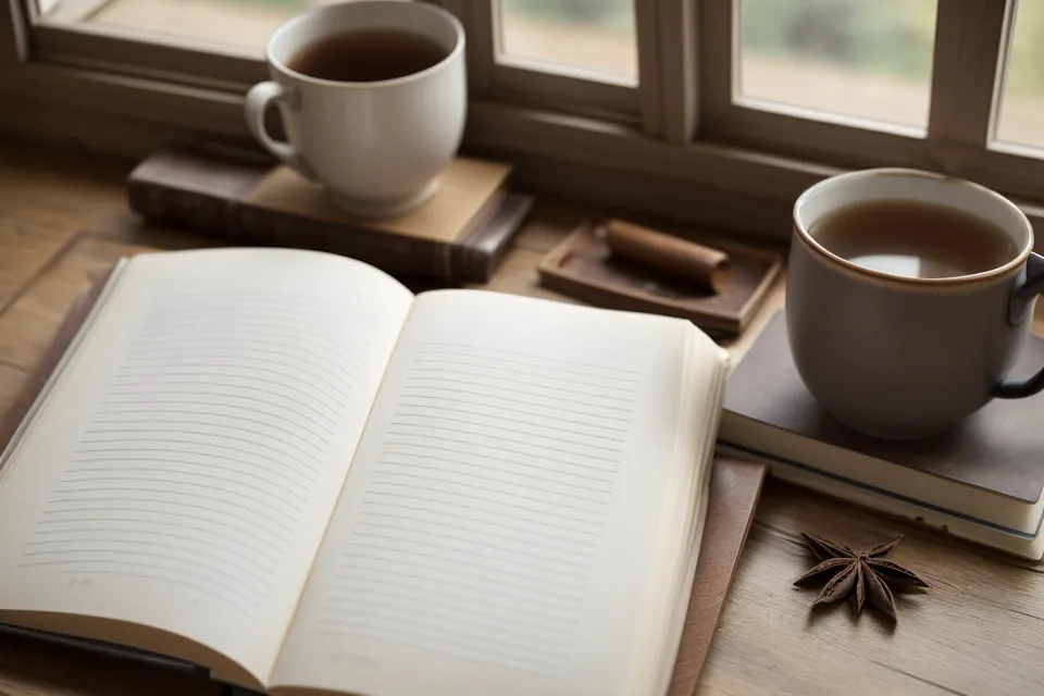 Handgeschriebene Notizen zum Elben-Kurs neben einer Tasse Tee in der Buchhandlung.