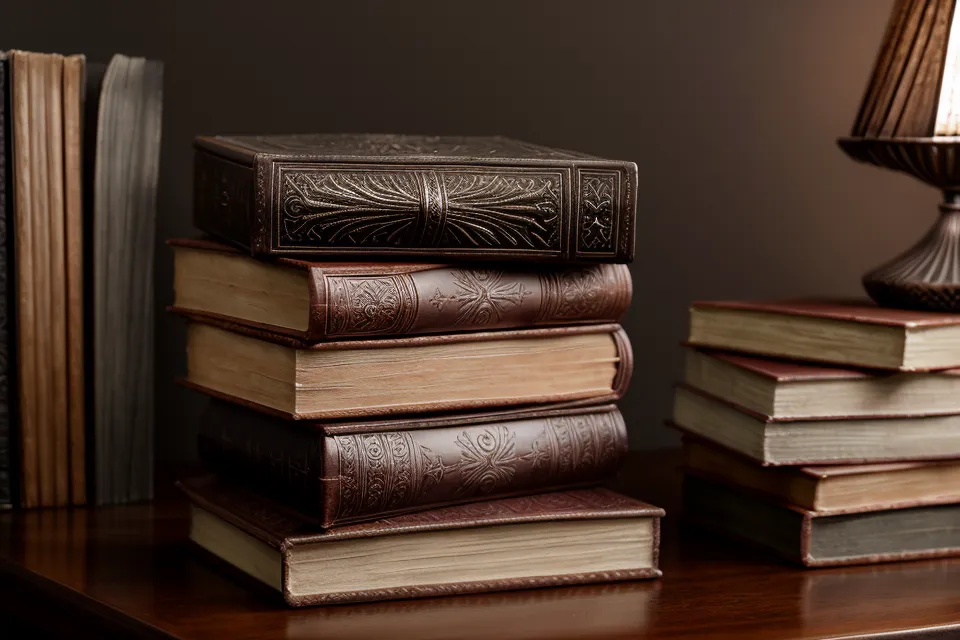 Ein Stapel esoterischer Bücher in einem dunklen Holzregal.