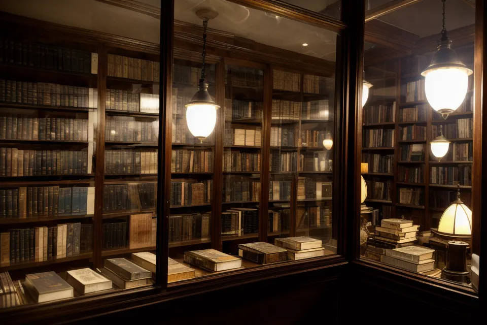 Blick durch das Schaufenster einer Esoterik-Buchhandlung in München-Haidhausen während der blauen Stunde, Sinnbild für spirituelle Weiterbildung.