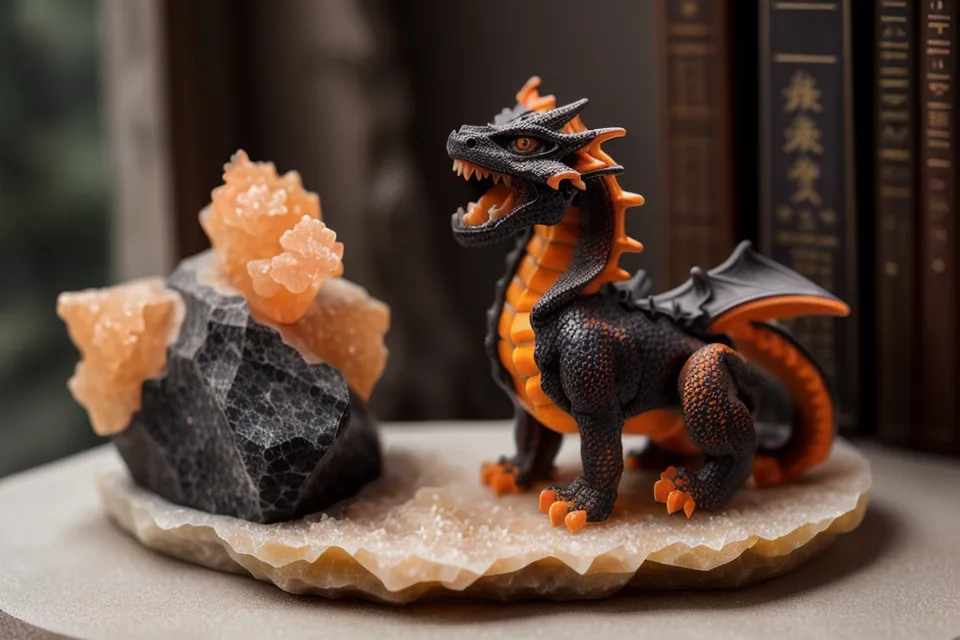 Ein Drachenfigur aus dunklem Stein und ein Calcit-Heilstein stehen zwischen Büchern im Regal.