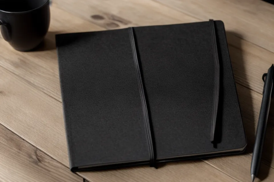 Nahaufnahme eines handschriftlichen Notizhefts in einer Buchhandlung bei Morgenlicht
