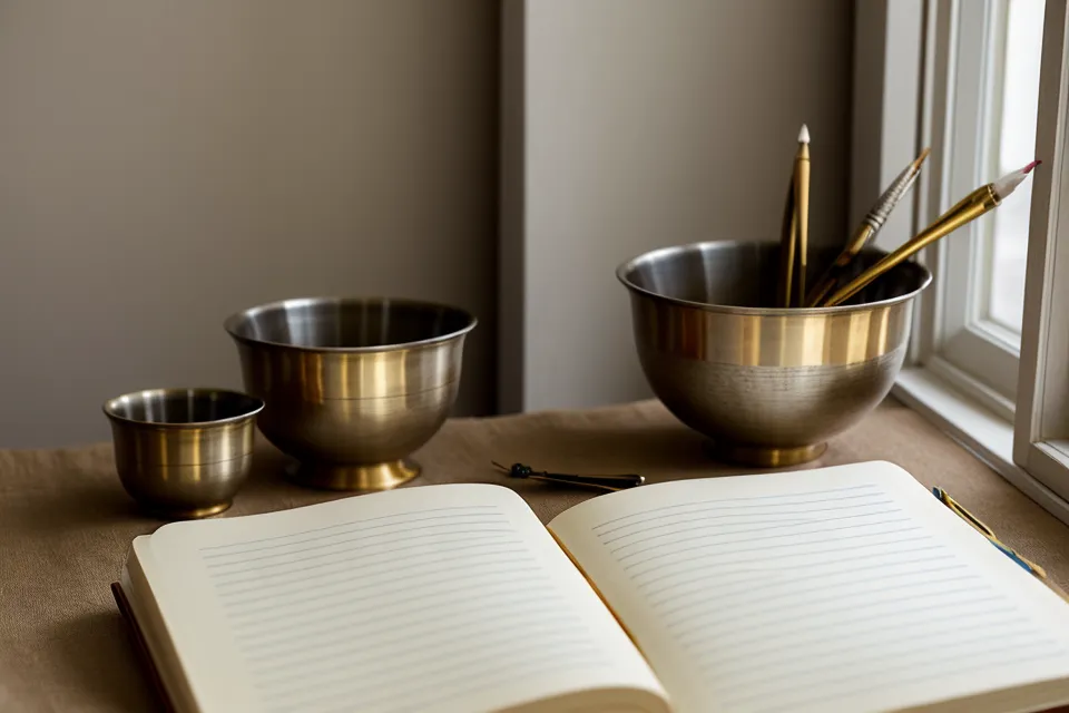 Handschriftliches Notizheft neben Channeling-Kurs-Unterlagen auf dem Kassentisch der Buchhandlung in Haidhausen