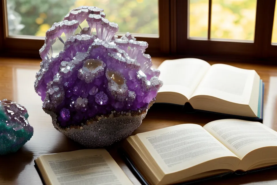 Kristall-Geode auf gestapelten Meditationsbüchern — spirituelle Weiterbildung und online Meditation im Herbstlicht