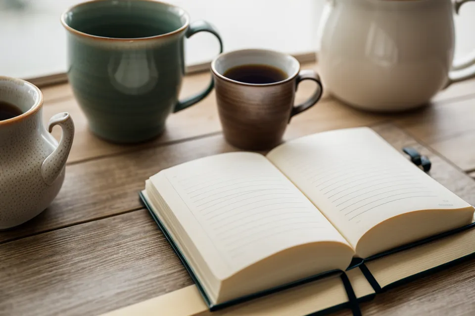 Nahaufnahme eines Notizbuchs mit Kursnotizen in einer gemütlichen Buchhandlung.