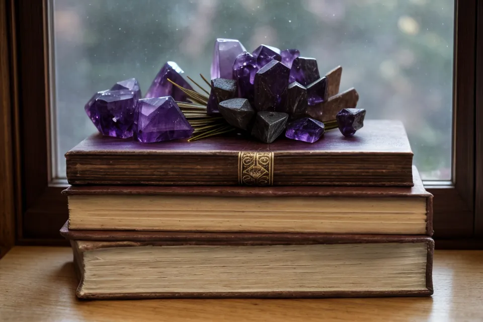 Nahaufnahme von spirituellen Büchern und einem Laptop auf einem dunklen Holztisch – Vergleich zwischen Lesen und Online-Kursen für Channeling und Meditation