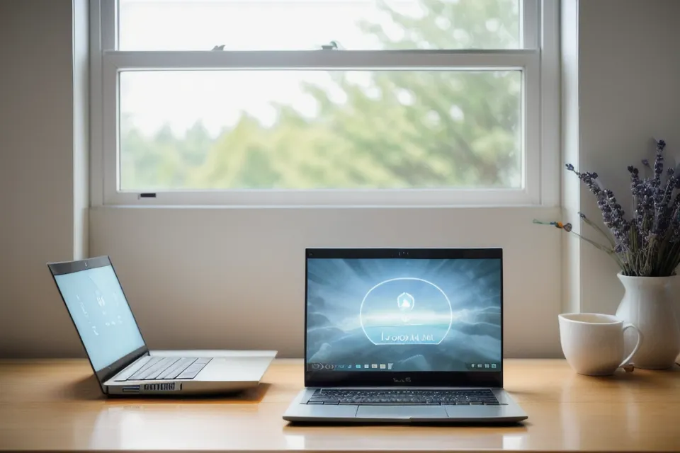 Ein Laptop mit einem Meditationsprogramm neben einer Tasse Tee auf einem Holztisch.