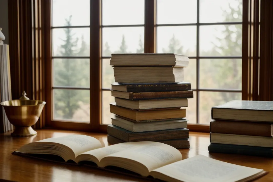 Stapel spiritueller Bücher, die in einem dunklen Holzregal einsortiert werden.