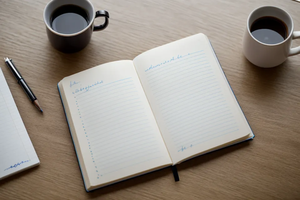 Nahaufnahme eines handschriftlichen Notizbuchs neben spirituellen Unterlagen in einer Buchhandlung.