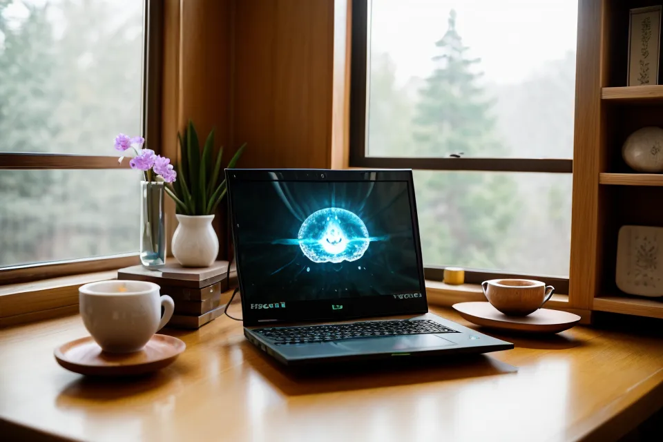 Ein Laptop mit einem Meditationskurs auf einem Holztisch neben einer Tasse Tee.