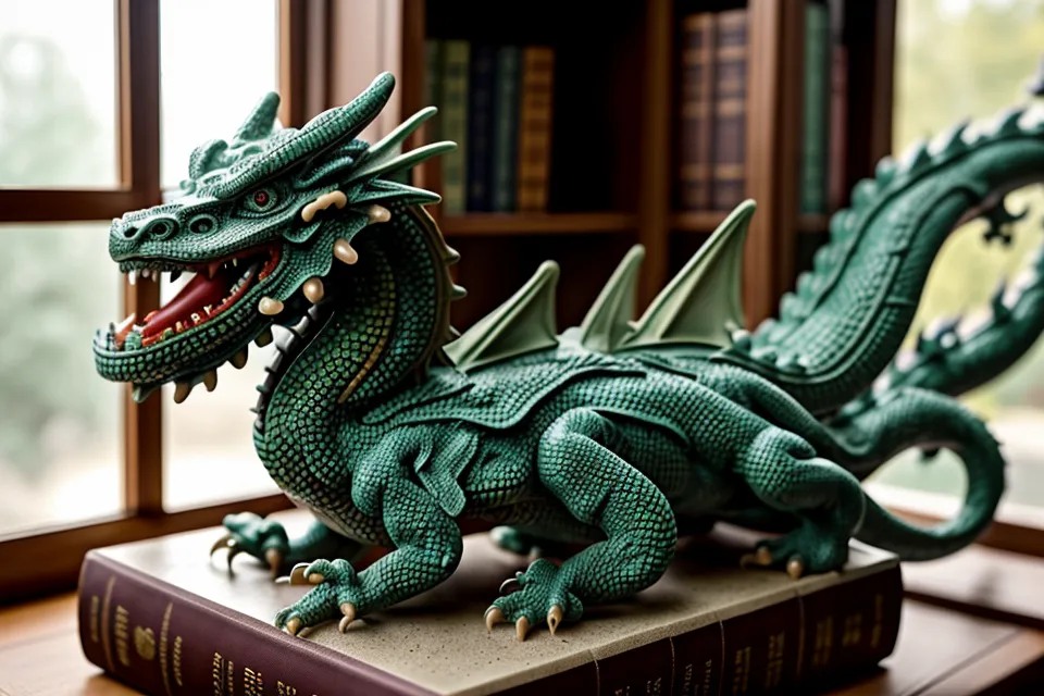 Eine kleine Drachenfigur aus Stein steht zwischen Büchern im Regal einer Buchhandlung.